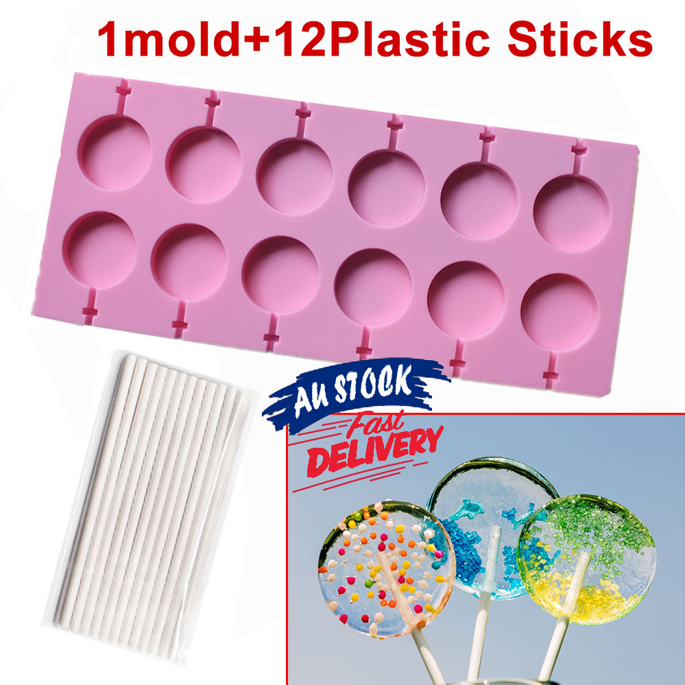 Set Lollipop Mould Hard Candy Mold 12 Capacity DIY Sticks Baking Round